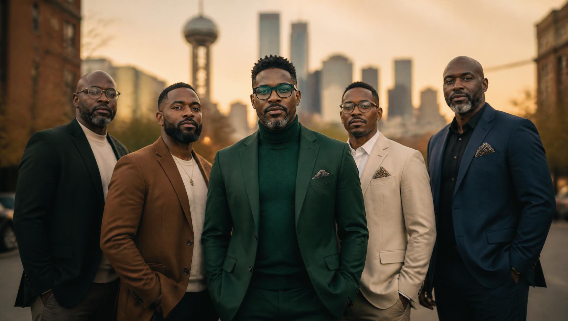 Black male mental health professionals standing together with the Dallas skyline in the background